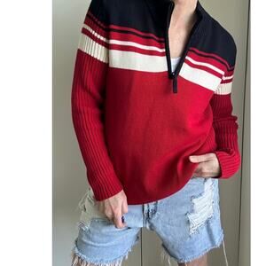 Y2K Preppy Mock Neck Sweater Red/White Black Streetwear Twee Coastal Stripe SZ L
